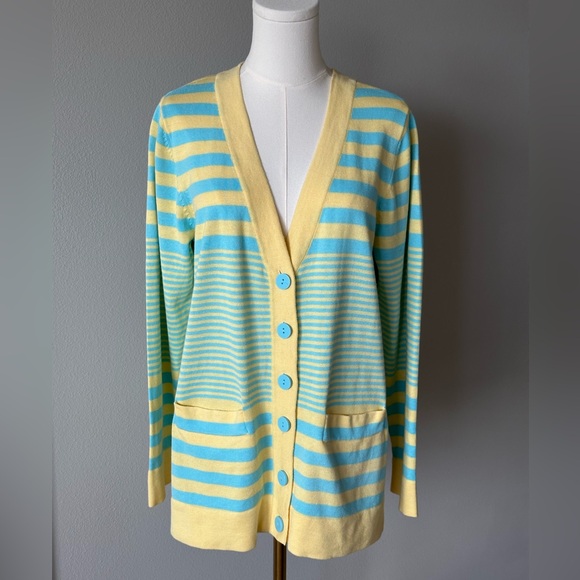 Vintage Y2K Linea by Louis Dell'Olio Yellow and Blue Striped Cardigan-M - Picture 1 of 14